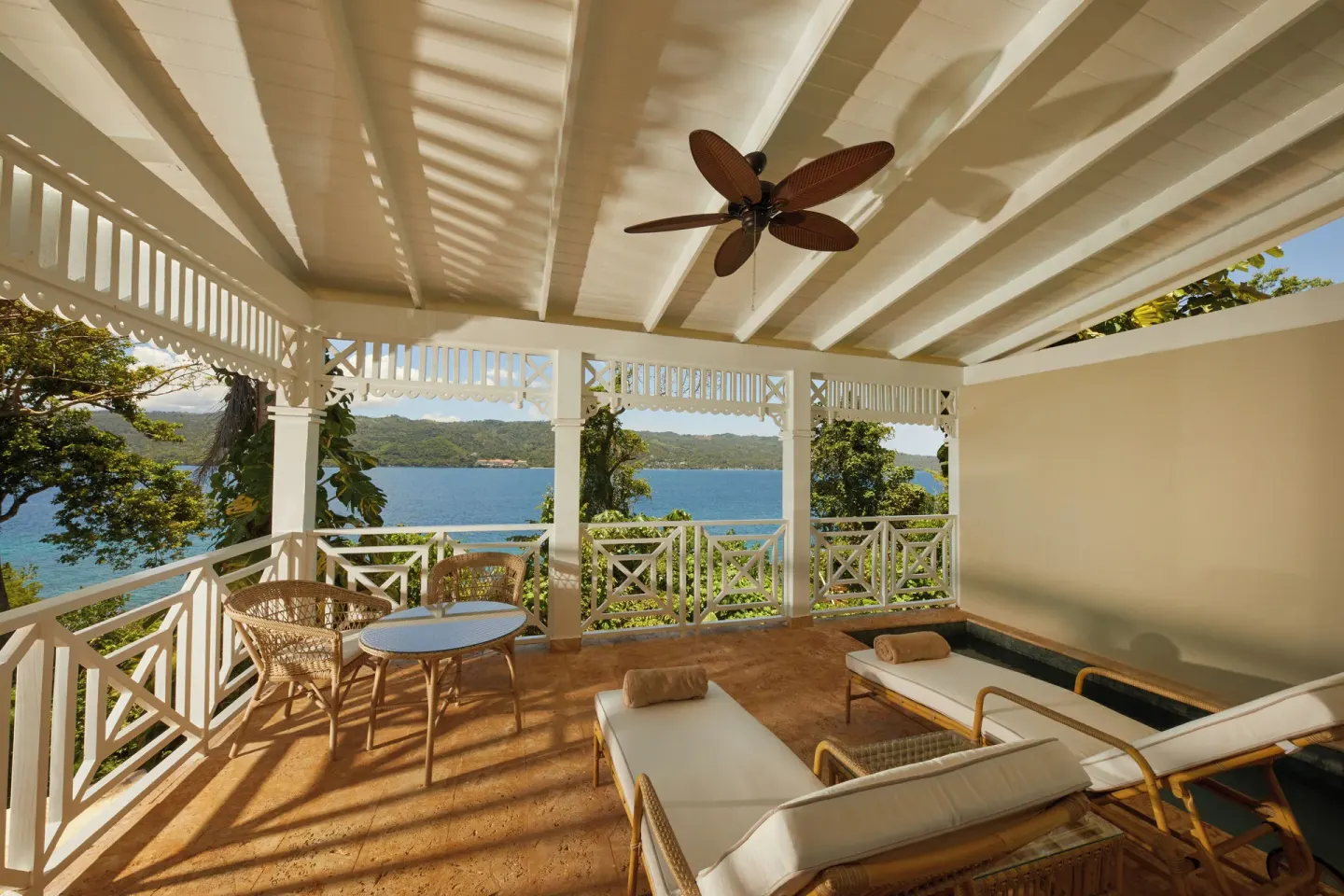 One Bedroom Villa terrace with plunge pool, loungers and ocean view at Cayo Levantado Resort.