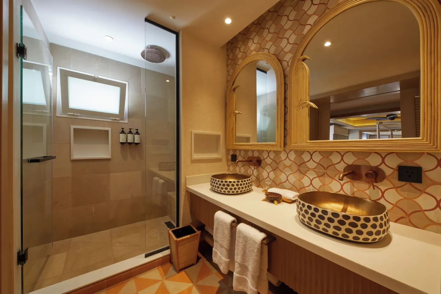 One Bedroom Villa bathroom with vessel sinks and walk-in shower at Cayo Levantado Resort.