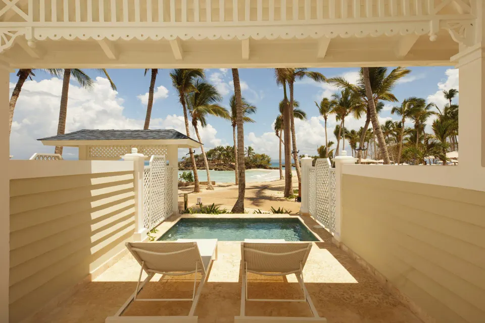 Covered oceanfront villa terrace with plunge pool at Cayo Levantado Resort.