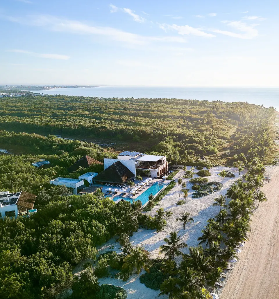 An aerial view shows the beachfront pool, palms, and coastline at Chablé Maroma.