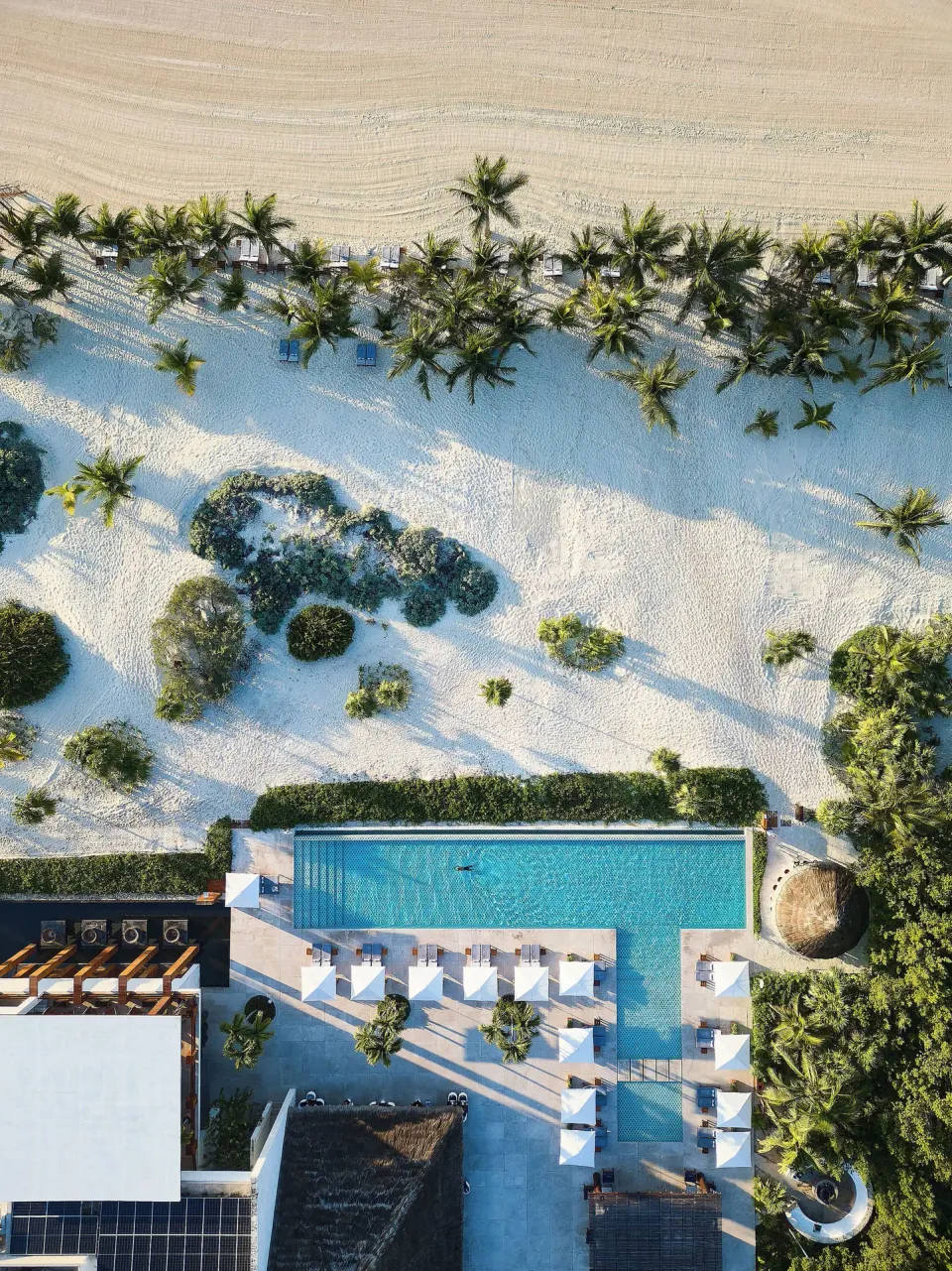 Aerial view of the pool, umbrellas, palms and beach at Chablé Maroma.
