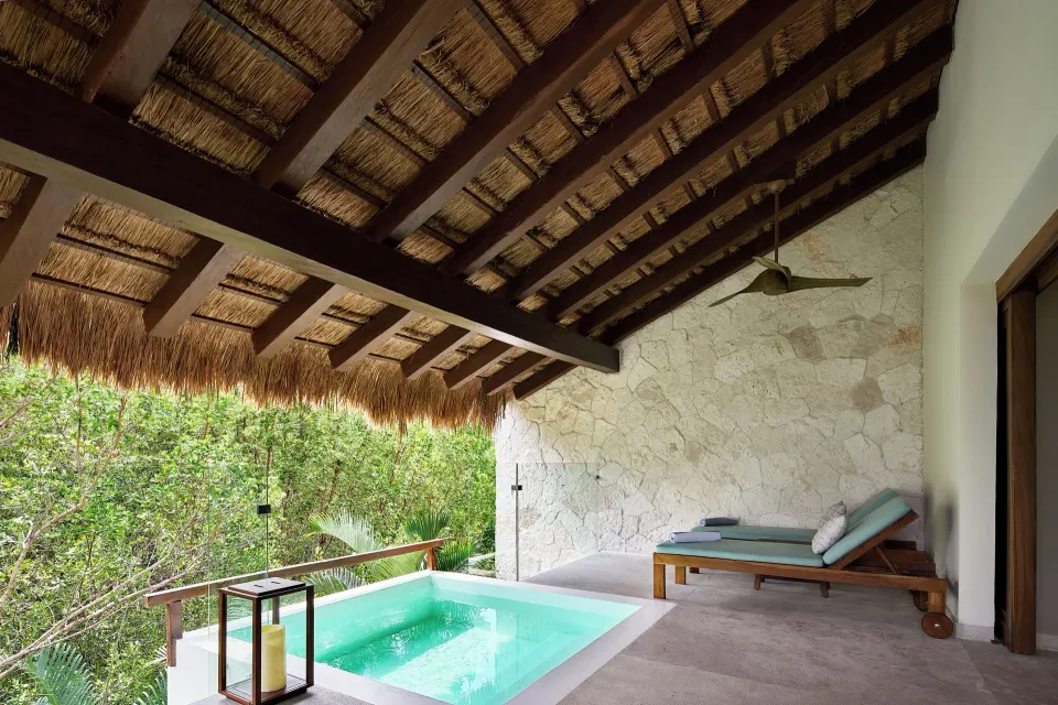 Treetop Pool Villa covered terrace with plunge pool at Chablé Maroma.