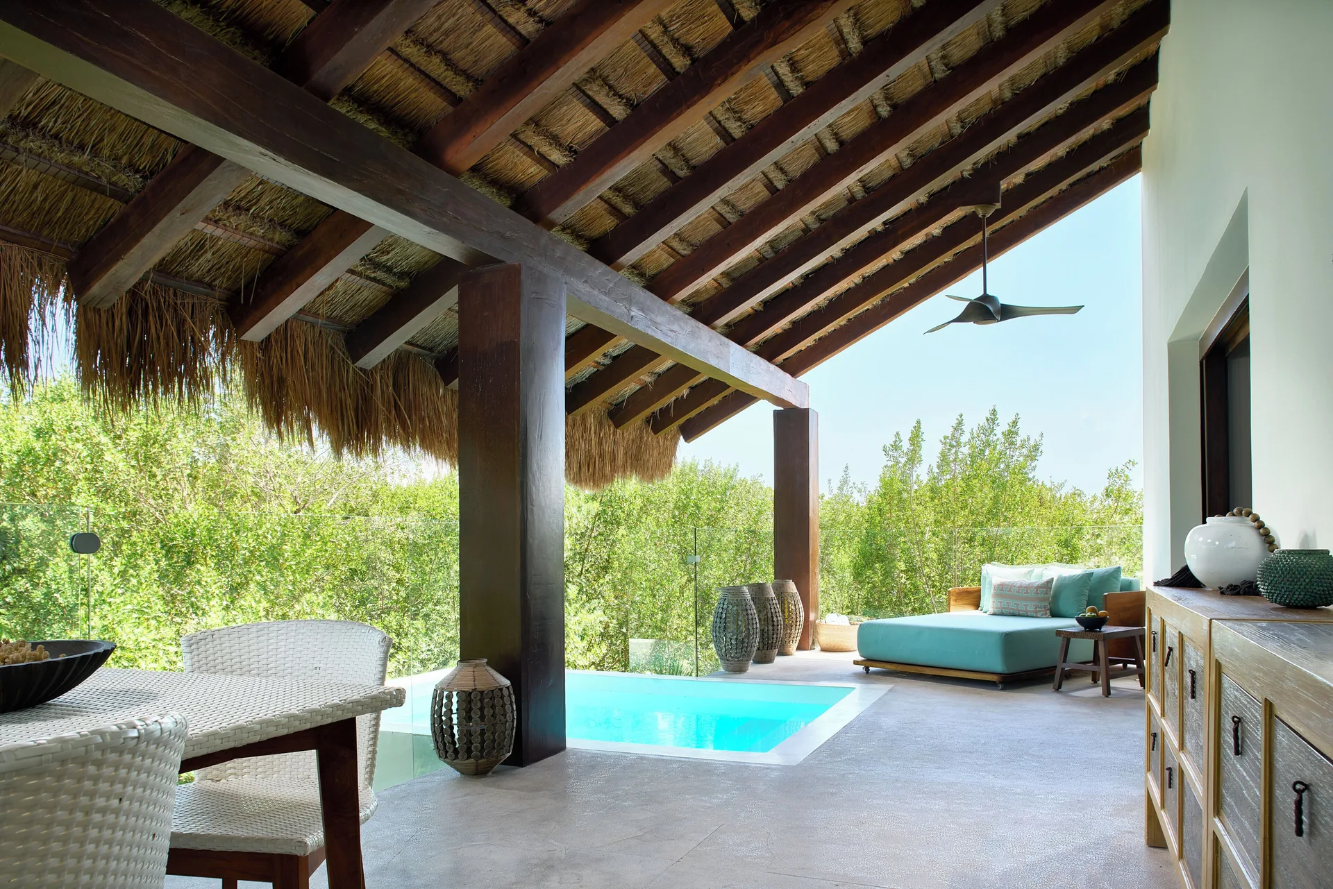 Treetop Pool Villa terrace with plunge pool and daybed at Chablé Maroma.