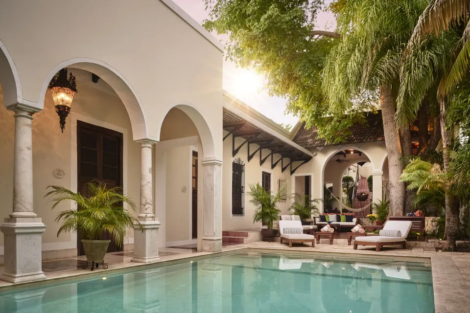 Casa Lecanda Boutique Hotel high-end boutique hotel with restored colonial courtyard and pool in Mérida, Mexico.