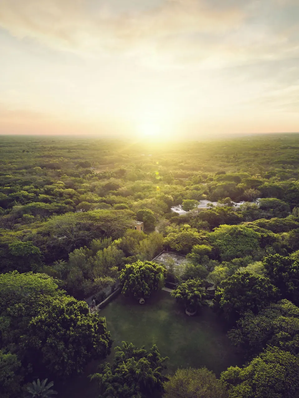 Aerial sunrise over dense jungle and resort grounds at Chablé Yucatán