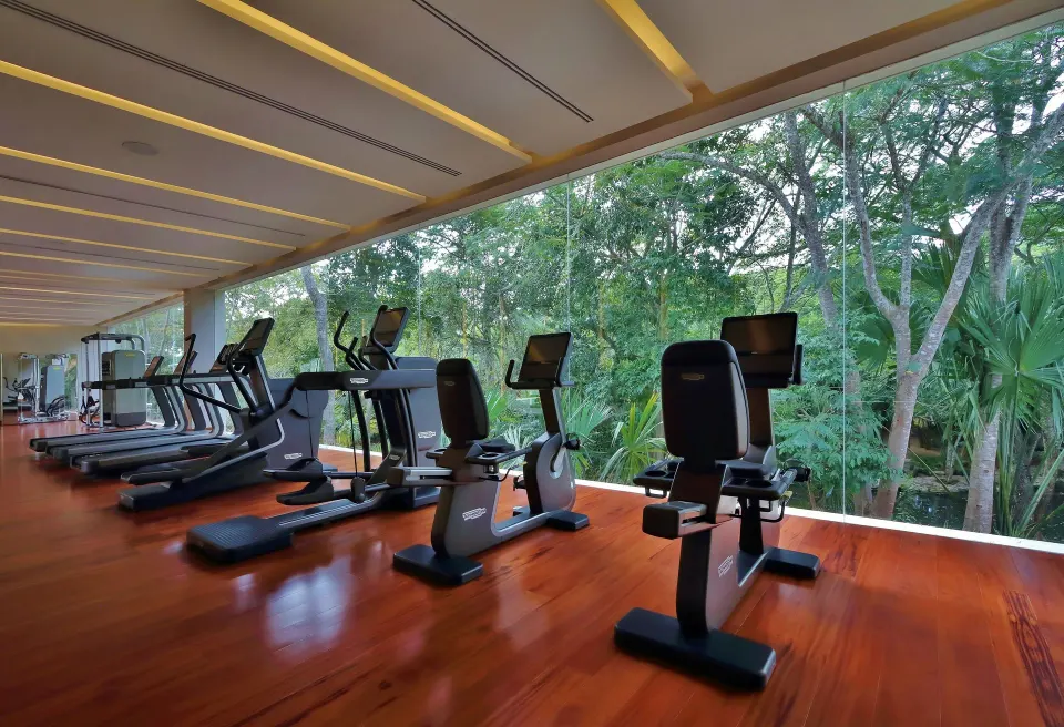 Line of cardio machines facing a floor-to-ceiling glass wall with jungle view at Chablé Yucatán
