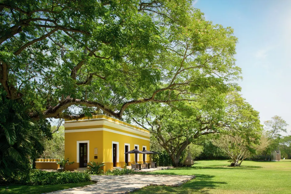 Yellow colonial-style villa and large trees on the grounds of Chablé Yucatán