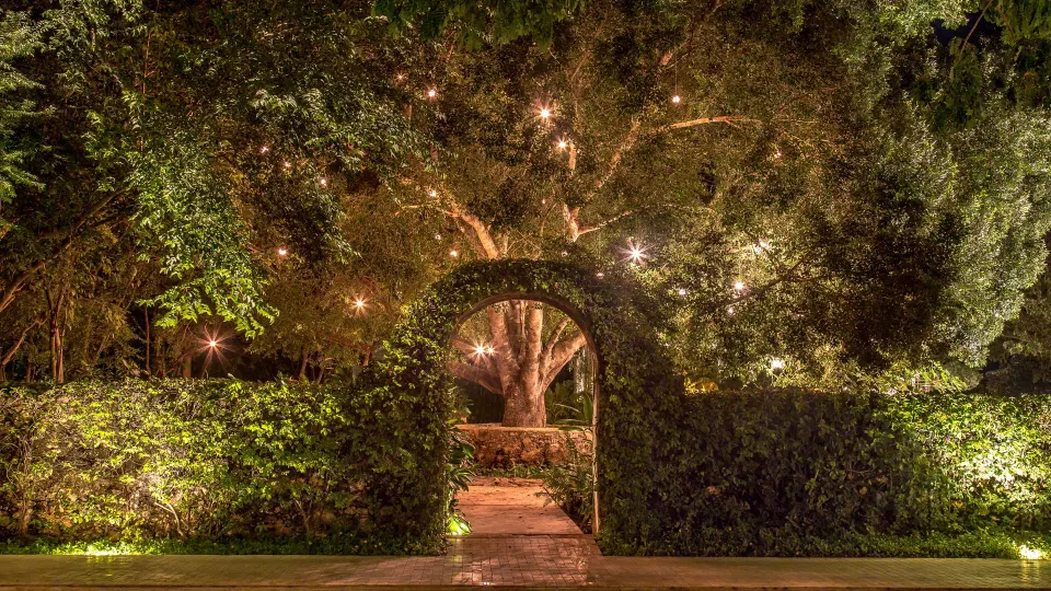 Illuminated garden archway with string lights at night at Chablé Yucatán