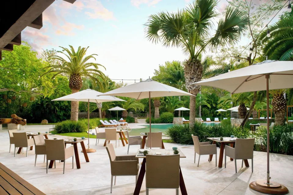 Outdoor dining tables and umbrellas beside pool and palms at Chablé Yucatán