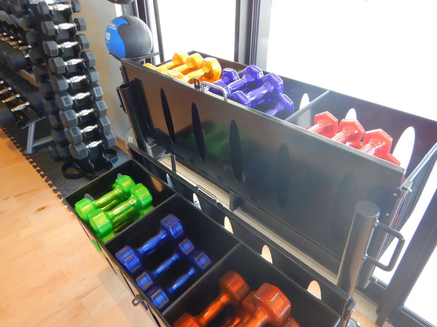 Colorful dumbbells and medicine balls in the fitness area at Chileno Bay Resort & Residences.