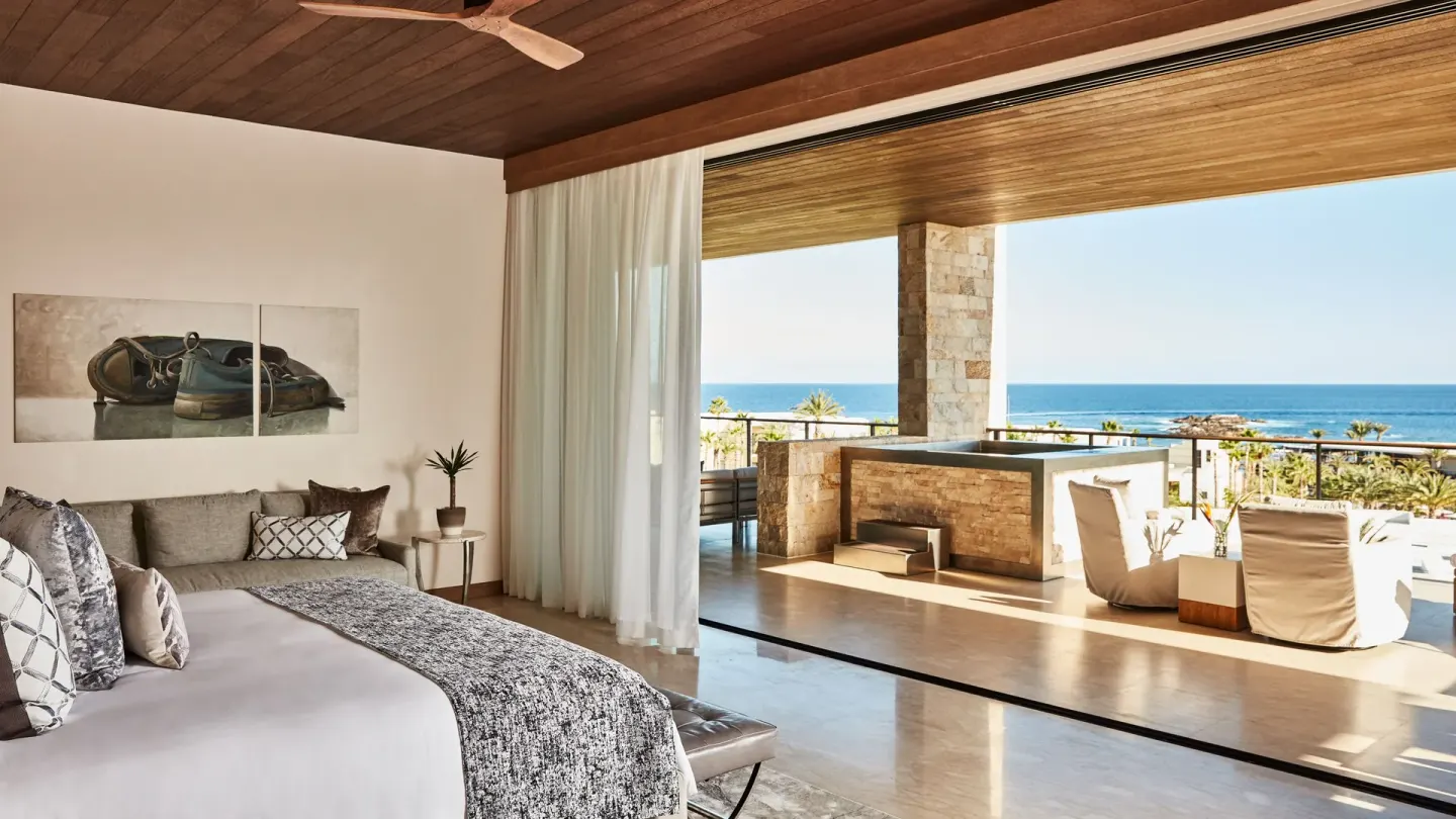 King bedroom with terrace plunge pool at Chileno Bay Resort & Residences.
