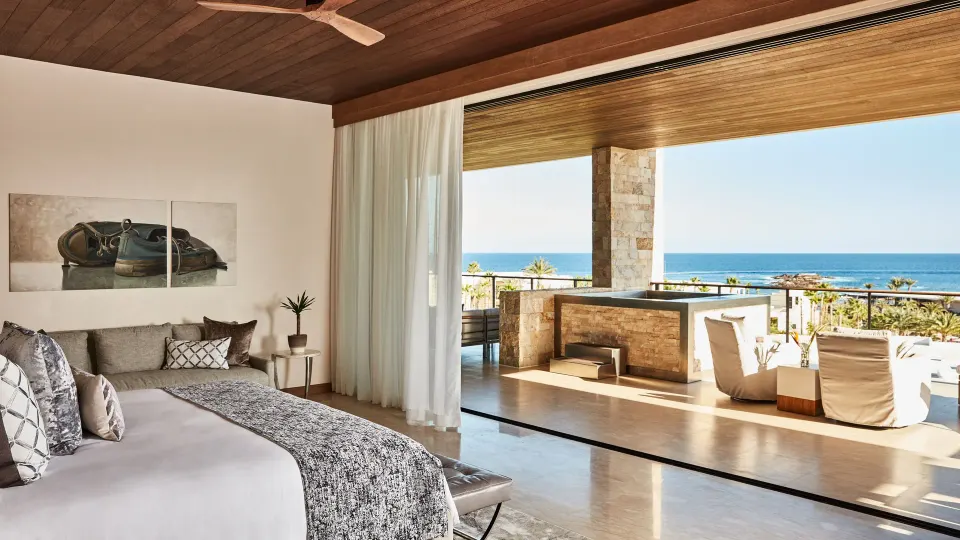 King bedroom with terrace plunge pool at Chileno Bay Resort & Residences.