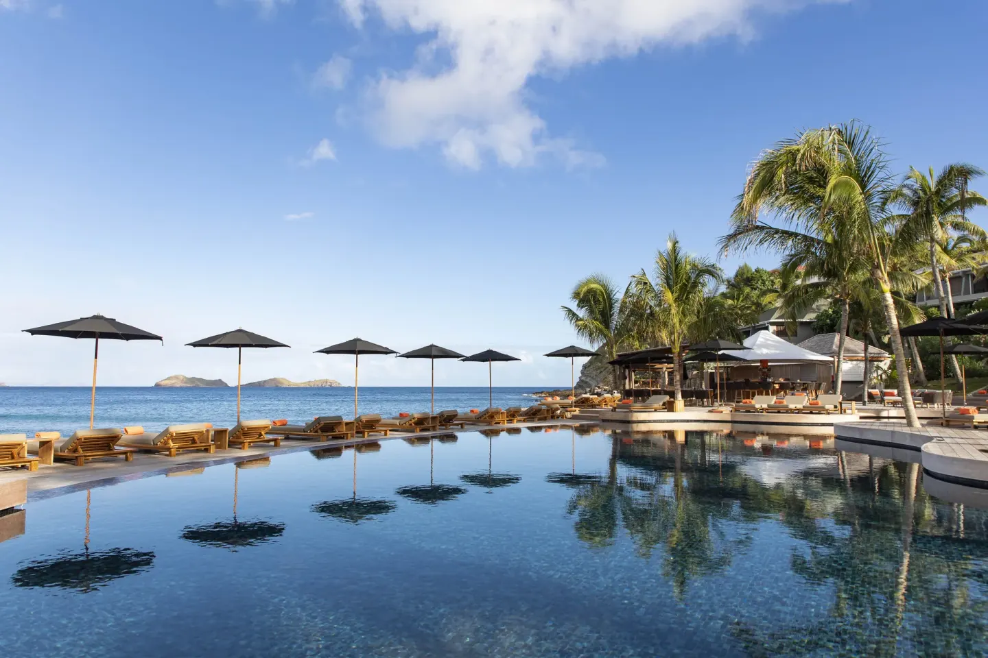 Infinity pool with umbrellas, loungers, palms, and ocean beyond at Christopher Hotel.