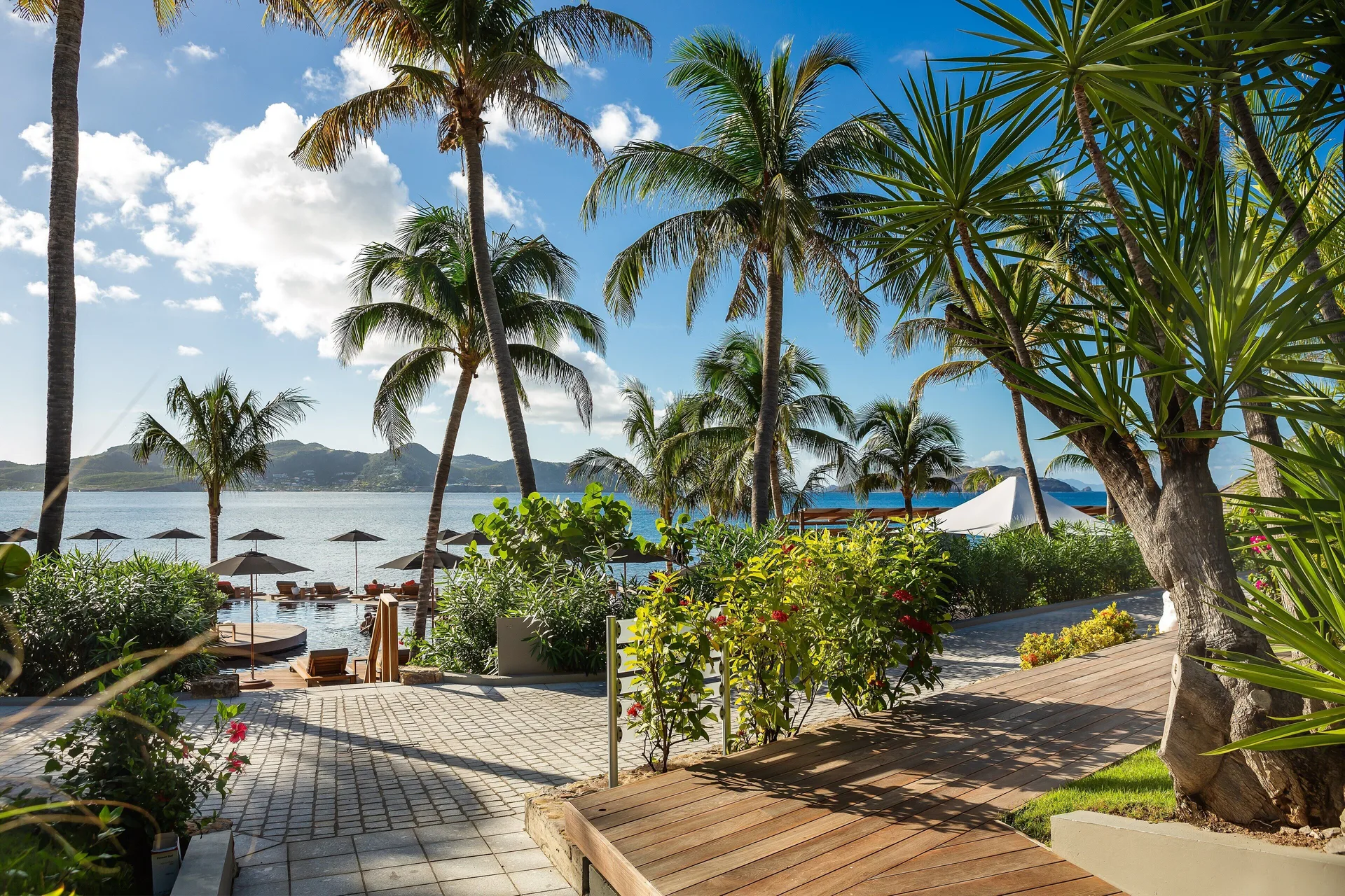 Oceanfront garden with palms, pool loungers, and bay view at Christopher Hotel.