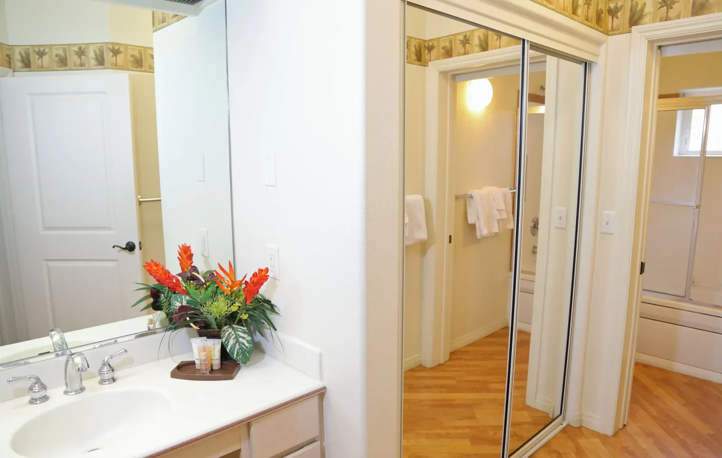 Bathroom vanity and mirrored closet doors at Club Wyndham Bali Hai Villas.