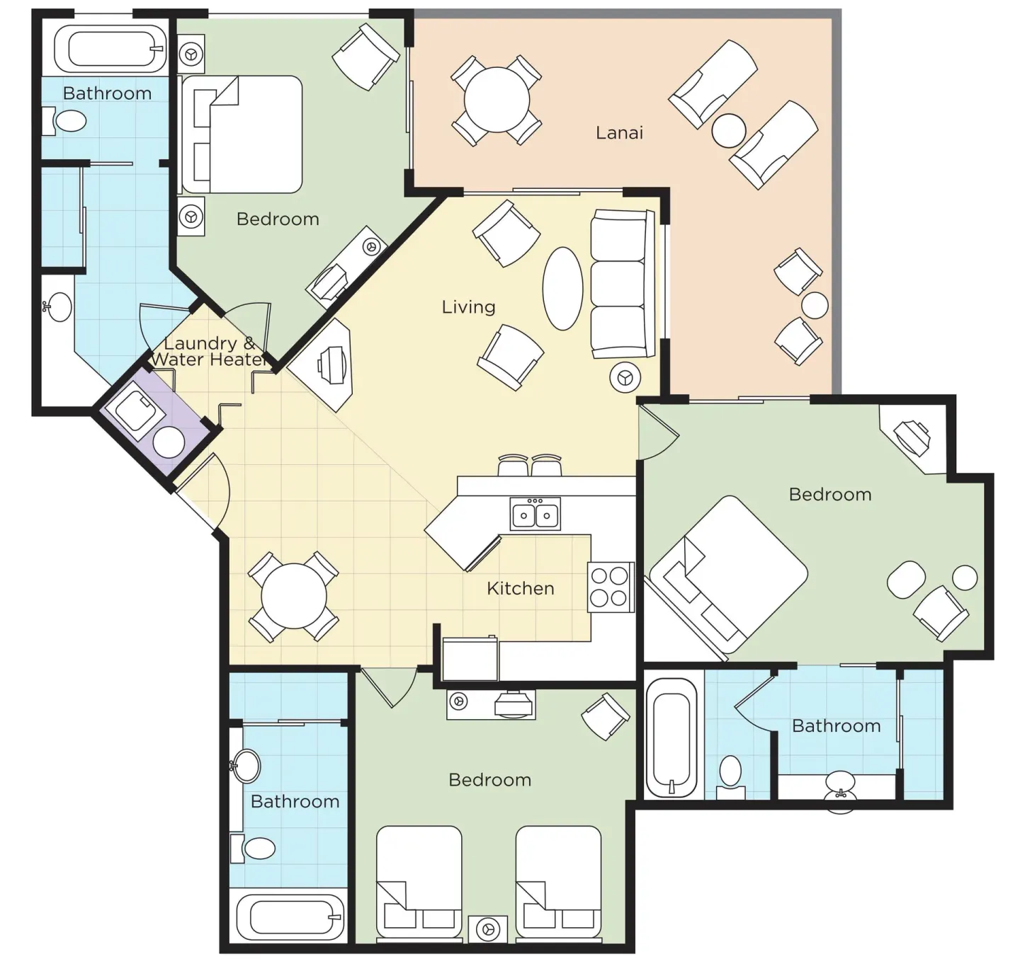 Three-bedroom villa floor plan with living, kitchen, bathrooms, and lanai at Club Wyndham Bali Hai Villas.