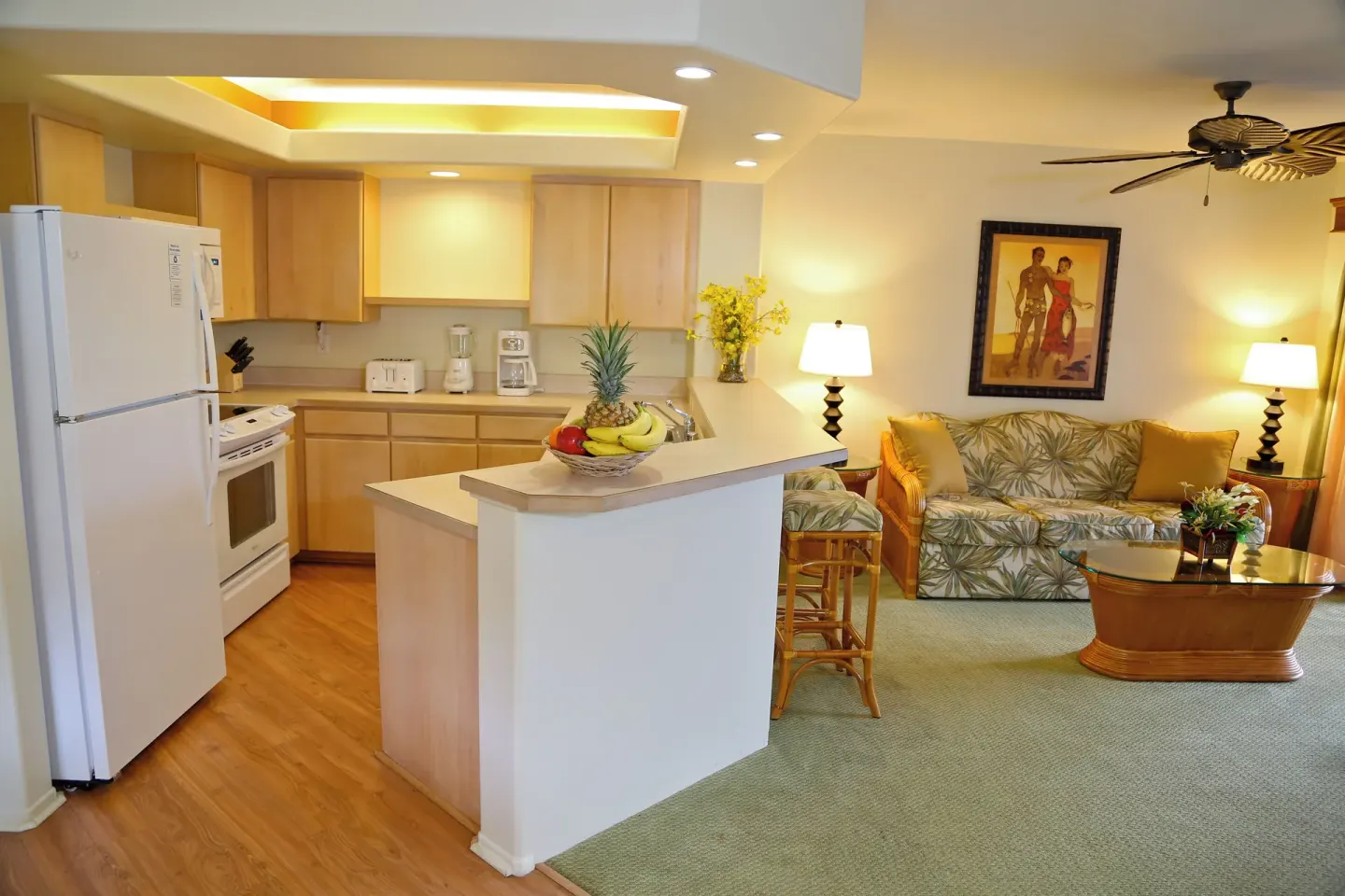 Open kitchen and living area in a villa at Club Wyndham Bali Hai Villas.