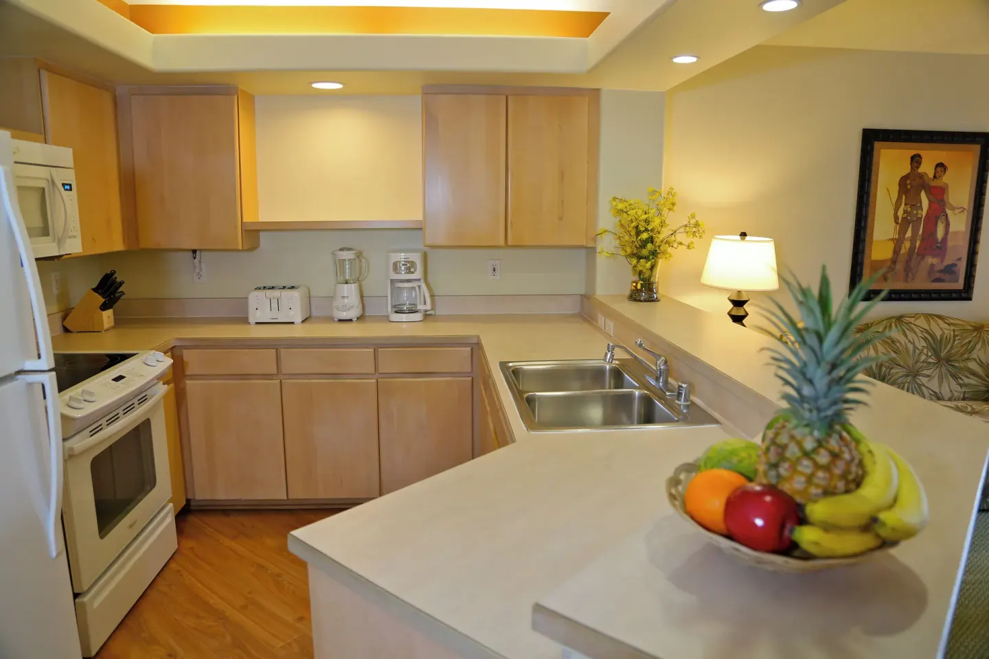 Villa kitchen with appliances and fruit bowl at Club Wyndham Bali Hai Villas.
