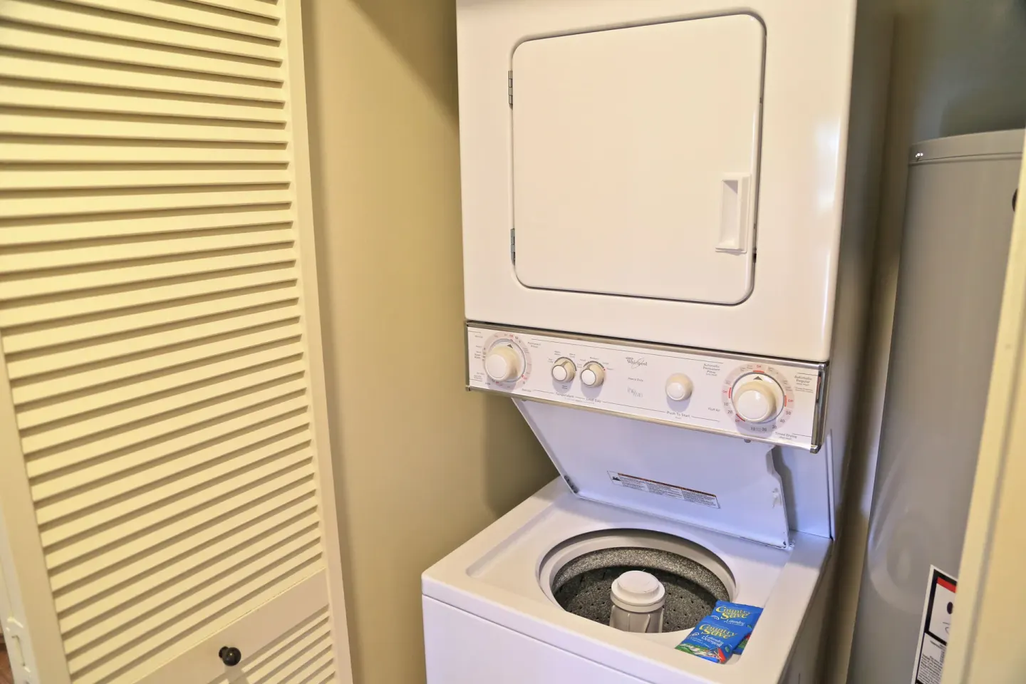 Stacked washer and dryer in a villa closet at Club Wyndham Bali Hai Villas.