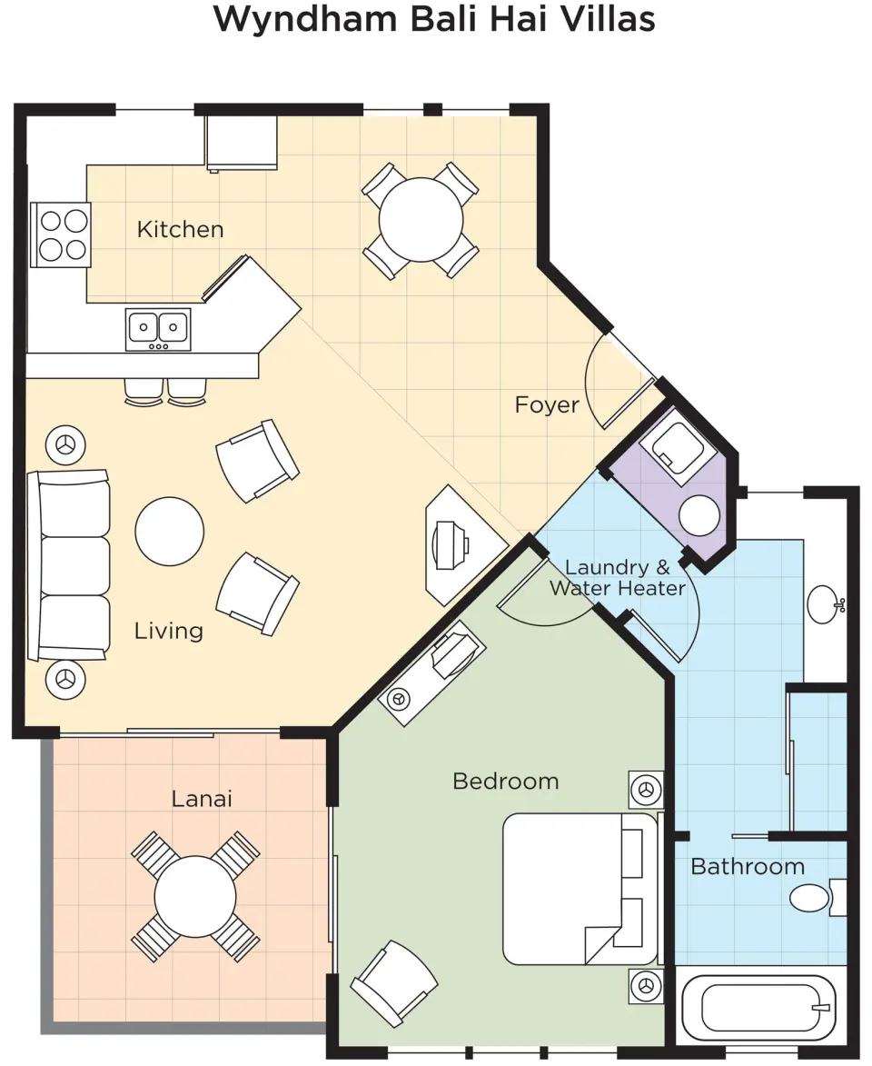One-bedroom suite floor plan with kitchen, lanai, living room and bath at Club Wyndham Bali Hai Villas.