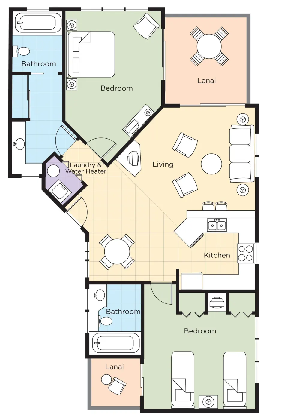 Two-bedroom suite floor plan with bedrooms, kitchen, living area, and lanais at Club Wyndham Bali Hai Villas.