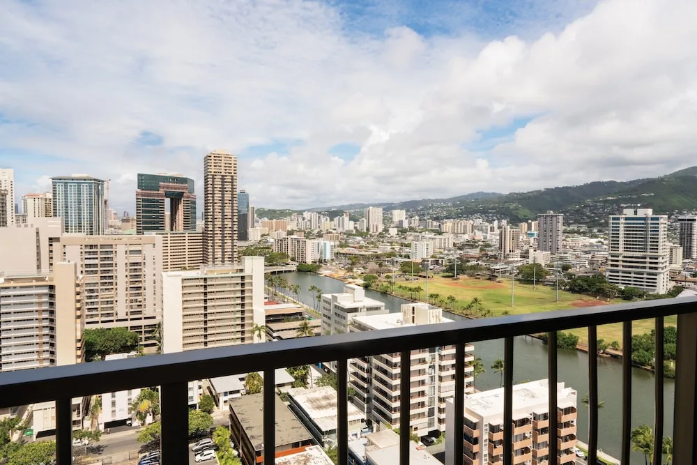 Balcony view of Waikiki skyline and canal at Club Wyndham Royal Garden at Waikiki.