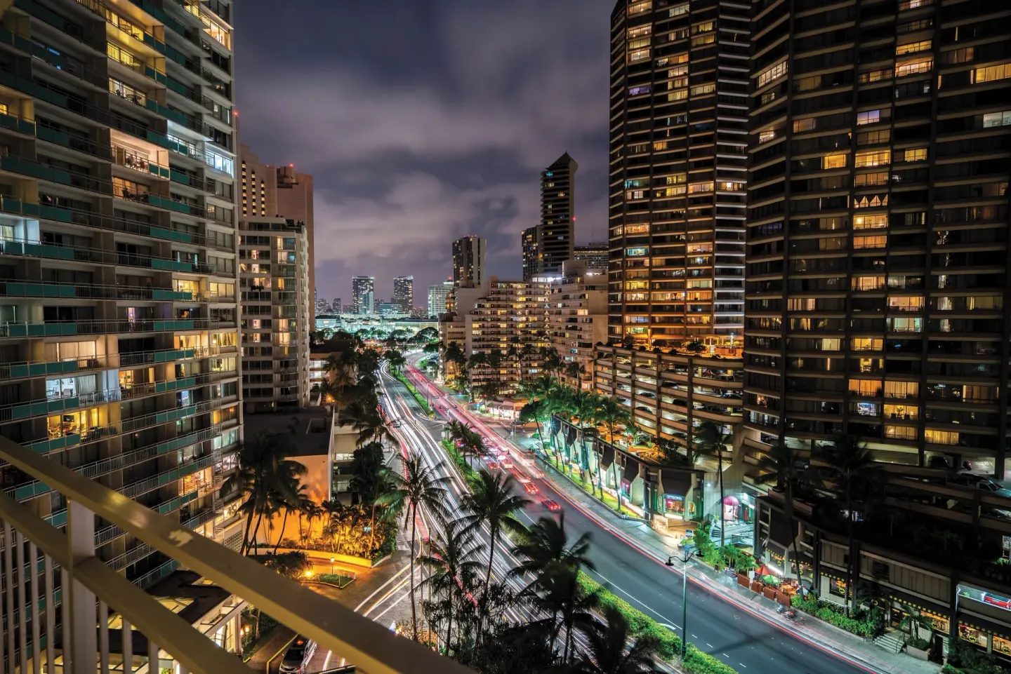 Nighttime Waikiki city view from a balcony at Club Wyndham Royal Garden at Waikiki.
