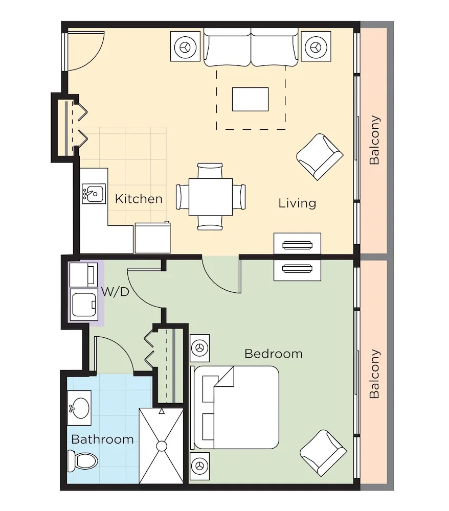 One-bedroom suite floor plan with kitchen, living room, bedroom, bathroom and balconies at Club Wyndham Royal Garden at Waiki