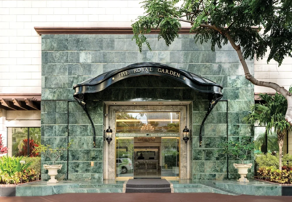 Resort entrance with green stone facade at Club Wyndham Royal Garden at Waikiki.