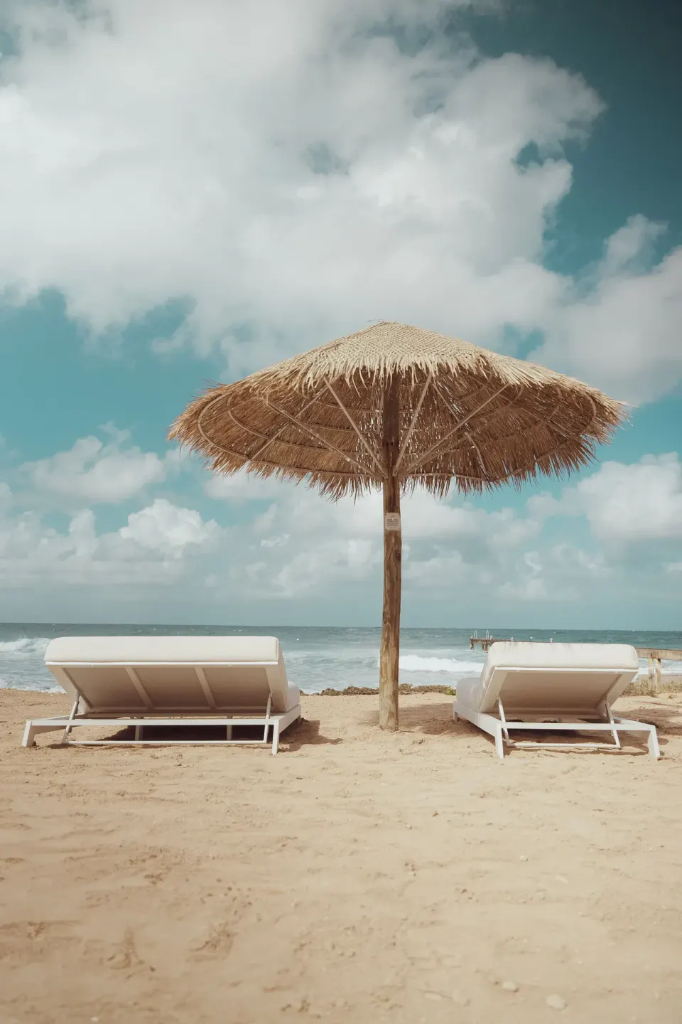 Two beach loungers beneath a thatched umbrella at Cobalt Coast Resort.