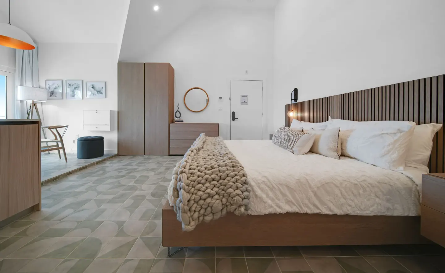 Ocean View room with king bed and wood furnishings at Cobalt Coast Resort.