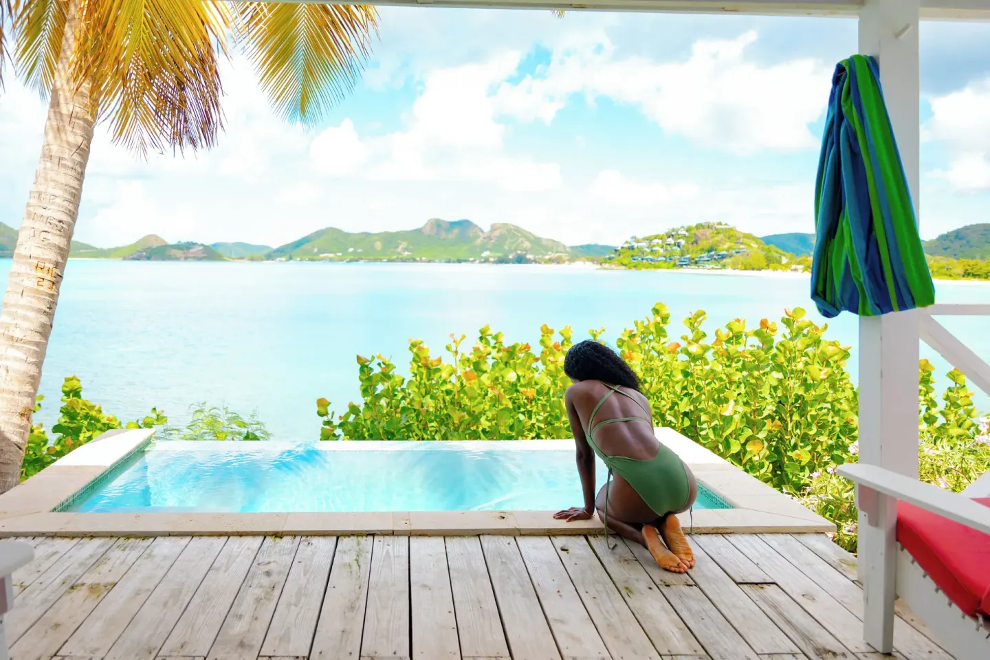 Panoramic Suite deck with private pool and ocean view at Cocobay Resort.