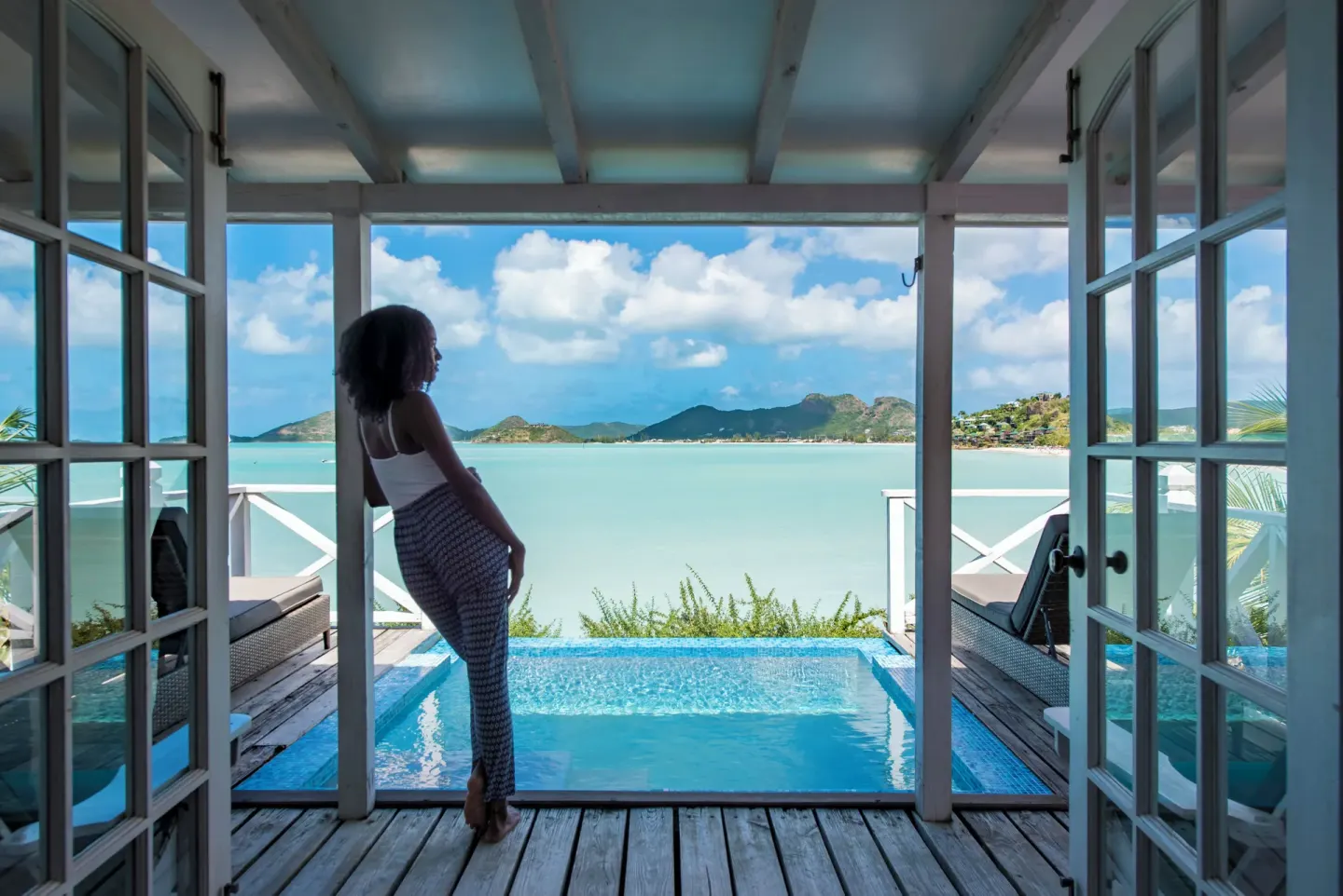 Panoramic Suite private pool facing the bay and hills at Cocobay Resort.