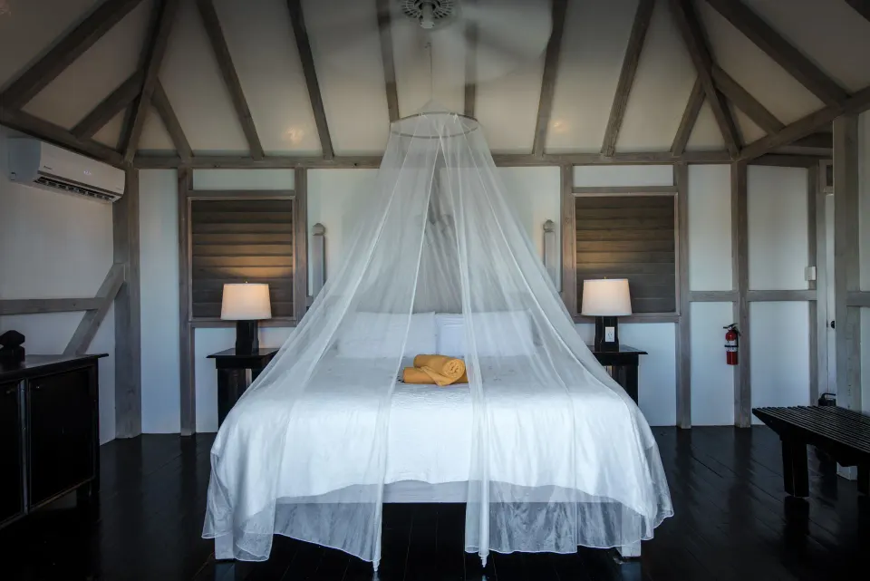 Standard Cottage Garden View king bed with mosquito net at Cocobay Resort.