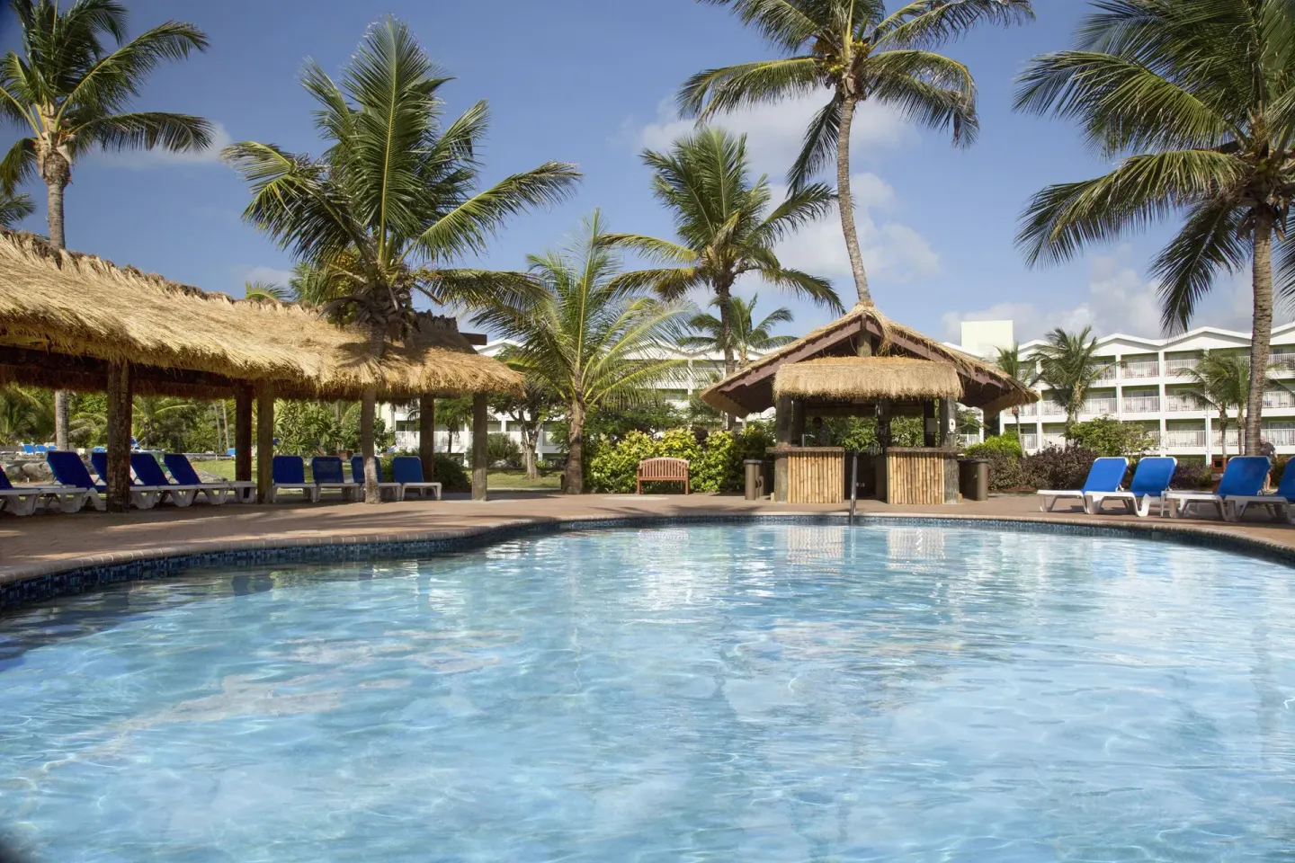 Pool with thatched shade structures and palms at Coconut Bay Beach Resort & Spa.