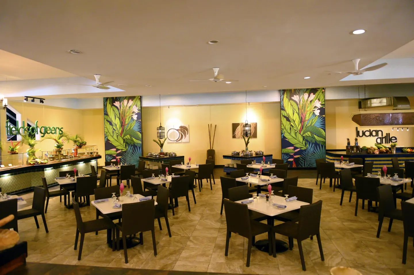 Marketplace dining room with buffet stations at Coconut Bay Beach Resort & Spa.