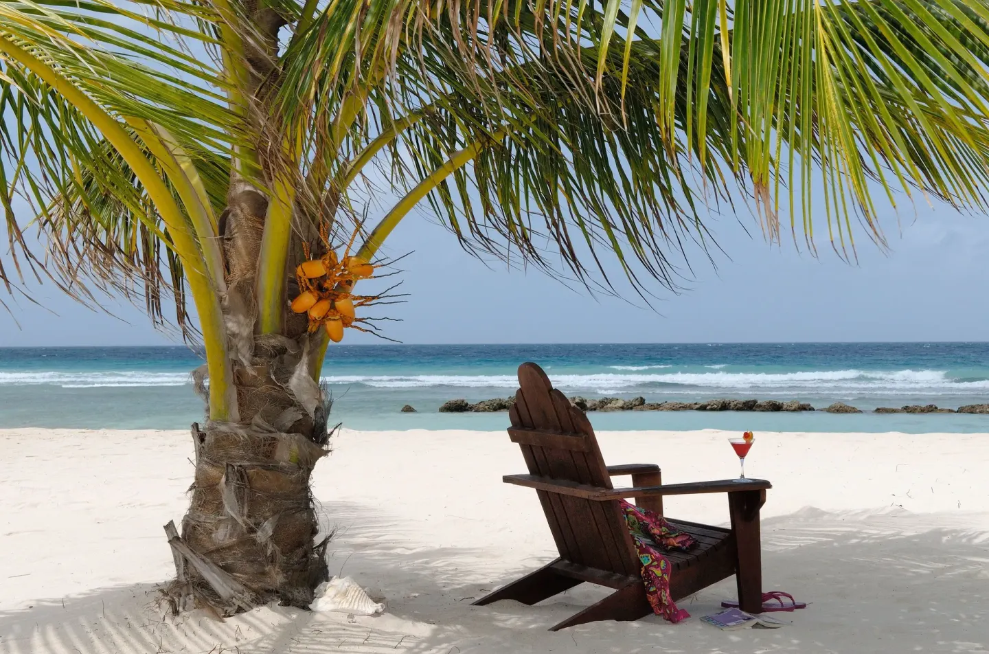 Beach chair under a coconut palm on the sand at Coconut Court Beach Hotel.