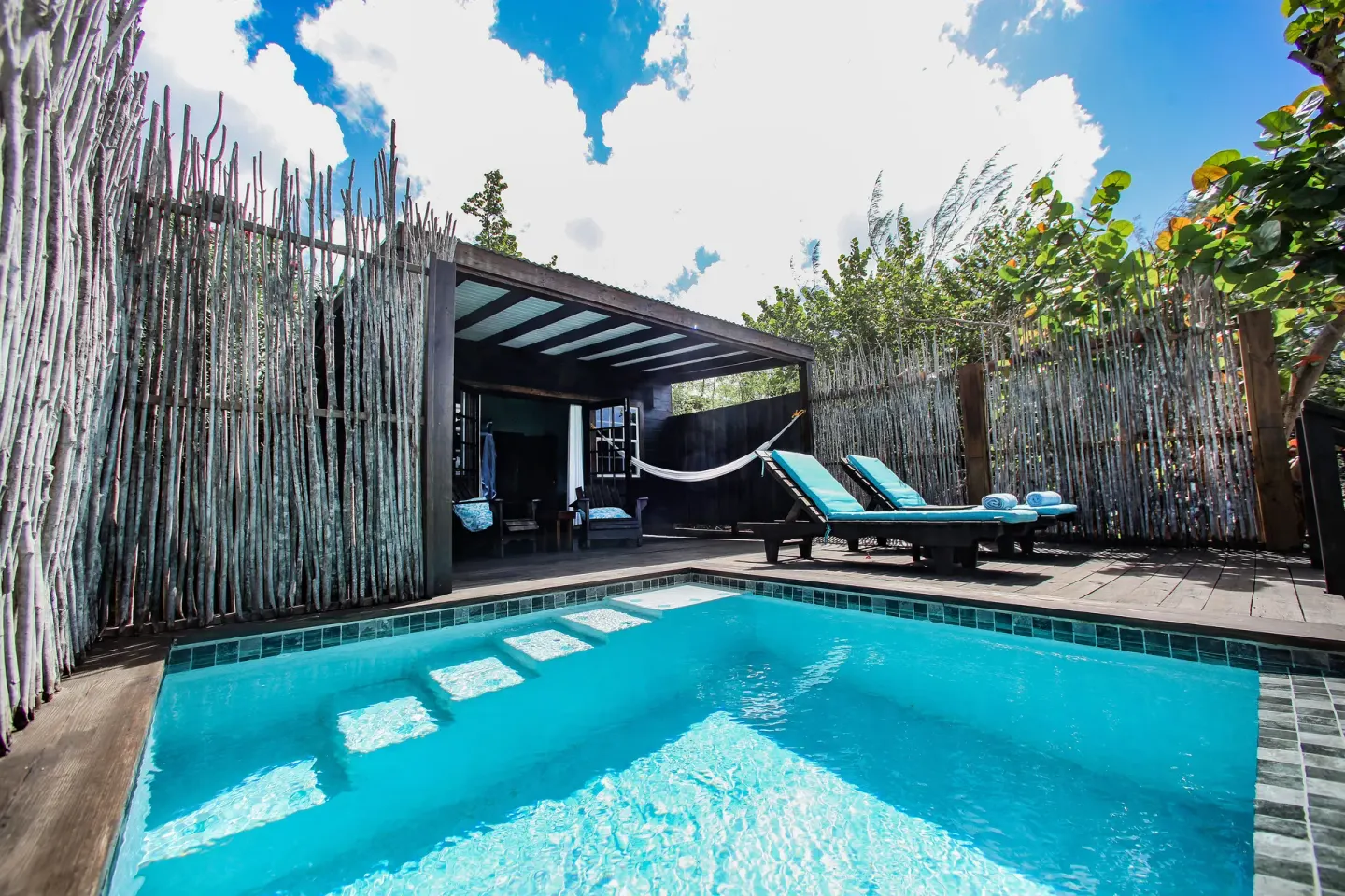 Private pool deck for a Beach Front Pool Cottage at COCOS Hotel.