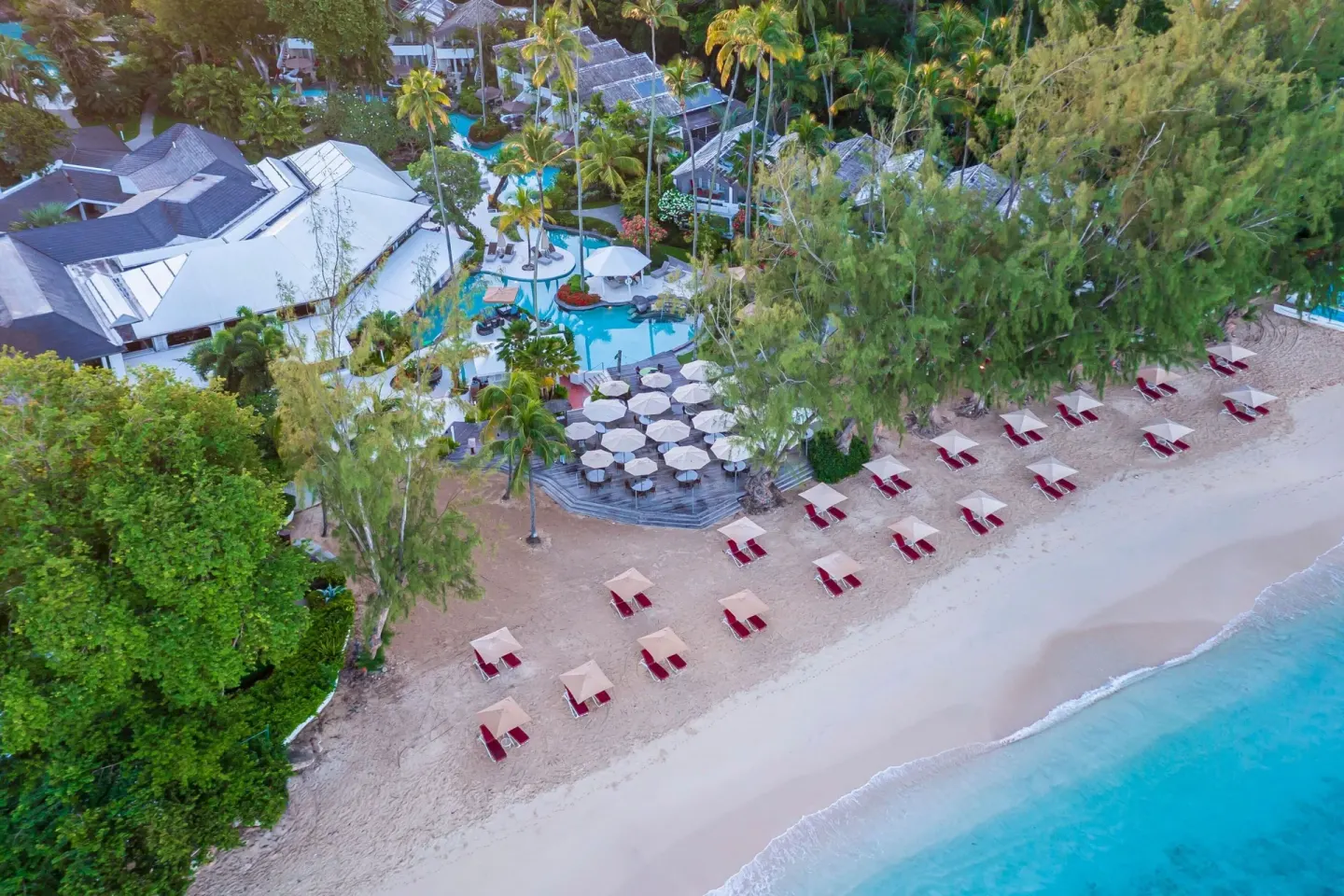 Aerial view of the beach, pool and gardens at Colony Club, Barbados.