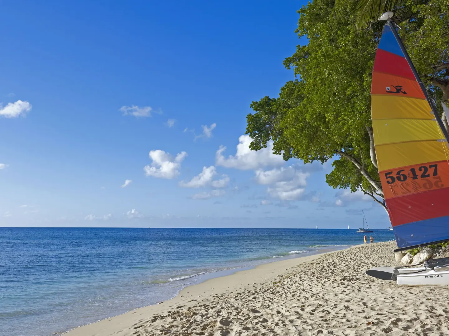 Sandy beach with a colorful sailboat, blue sea and open sky at Colony Club, Barbados.