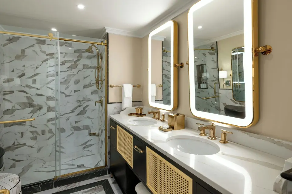 Double-vanity bathroom in a garden-view room at Colony Club, Barbados.