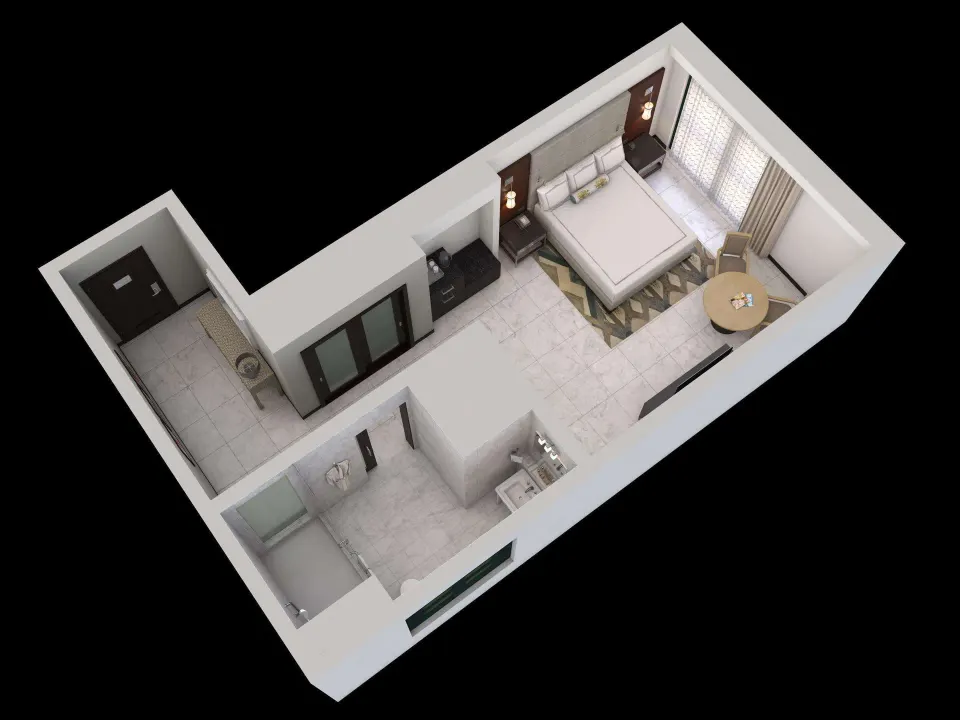 3D guest room floor plan with king bed and bathroom at Condado Vanderbilt Hotel.