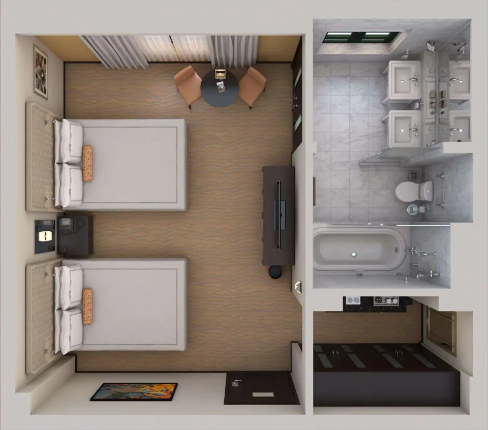 3D guest room floor plan with two beds and bathroom at Condado Vanderbilt Hotel.