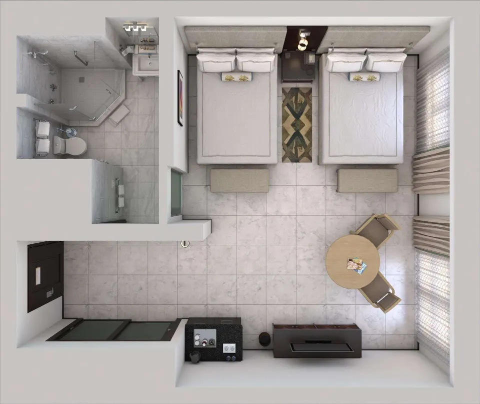 3D guest room floor plan with two beds and seating at Condado Vanderbilt Hotel.