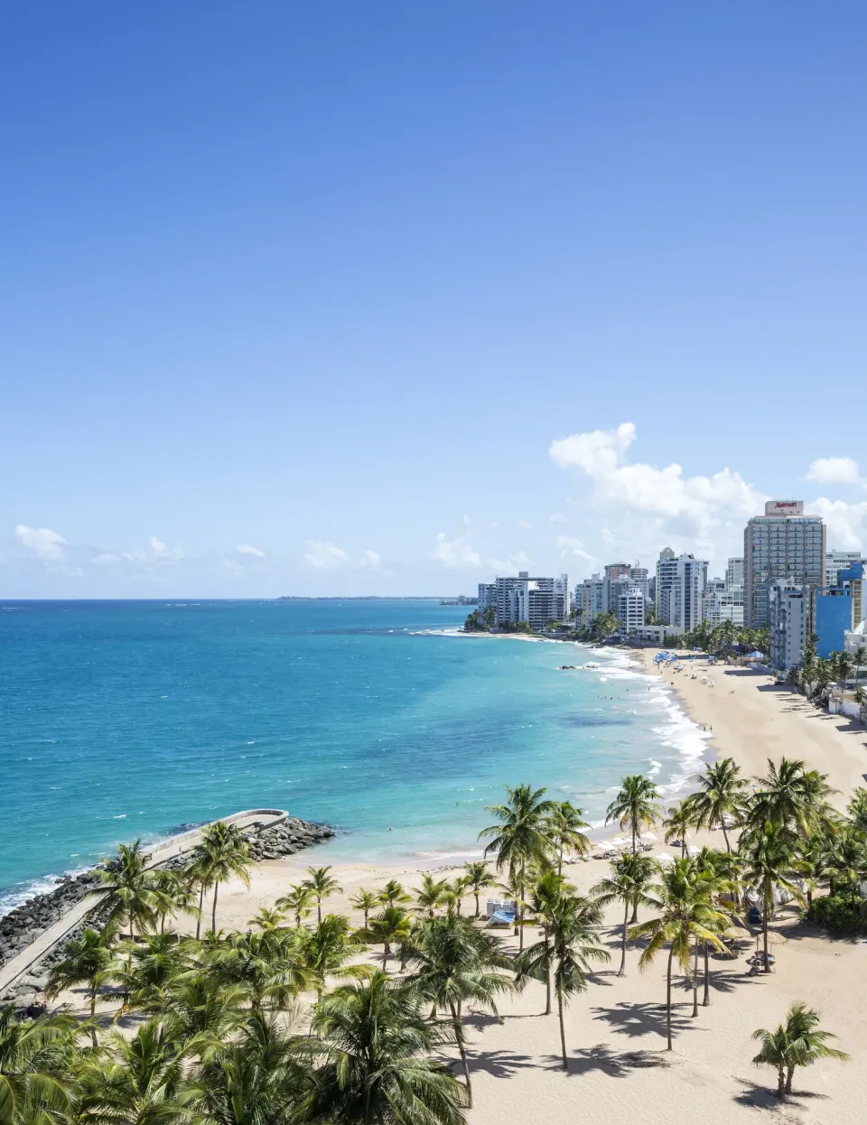 Palm-lined beach and turquoise ocean near Condado Vanderbilt Hotel in San Juan.