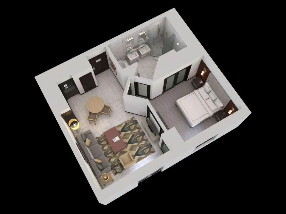 3D suite floor plan with bedroom, living area, dining nook and bath at Condado Vanderbilt Hotel.