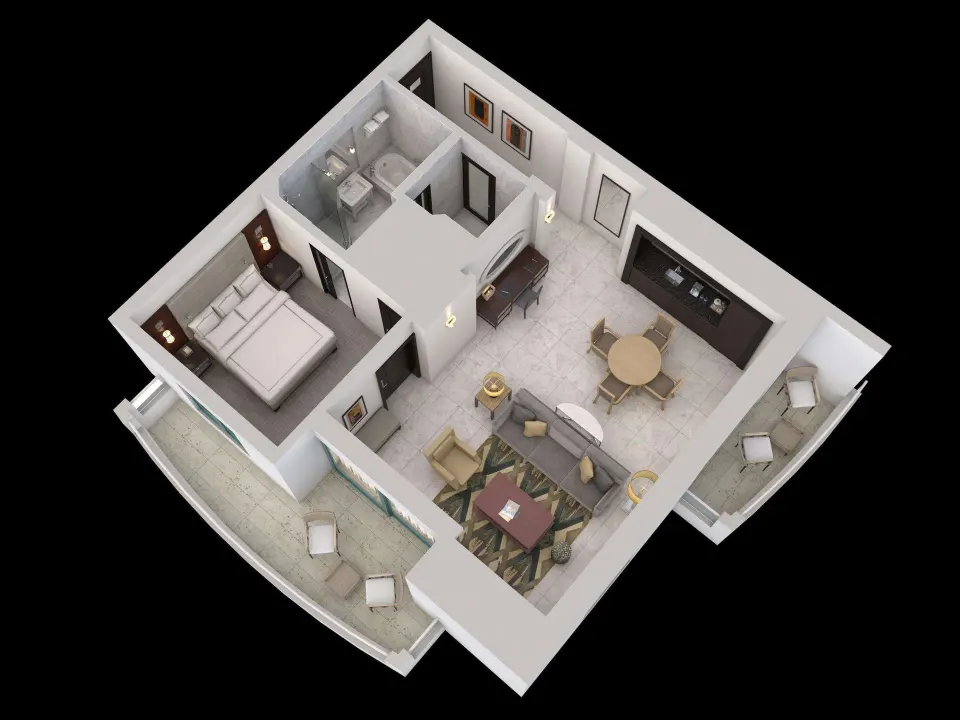 3D floor plan of the Commodore City View One-Bedroom Suite at Condado Vanderbilt Hotel.