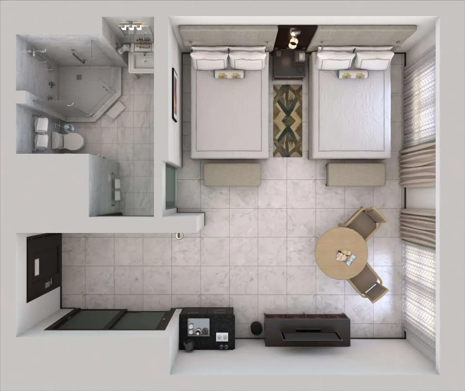 Overhead floor plan of an Ocean View Tower Queen Room at Condado Vanderbilt Hotel with two queen beds.