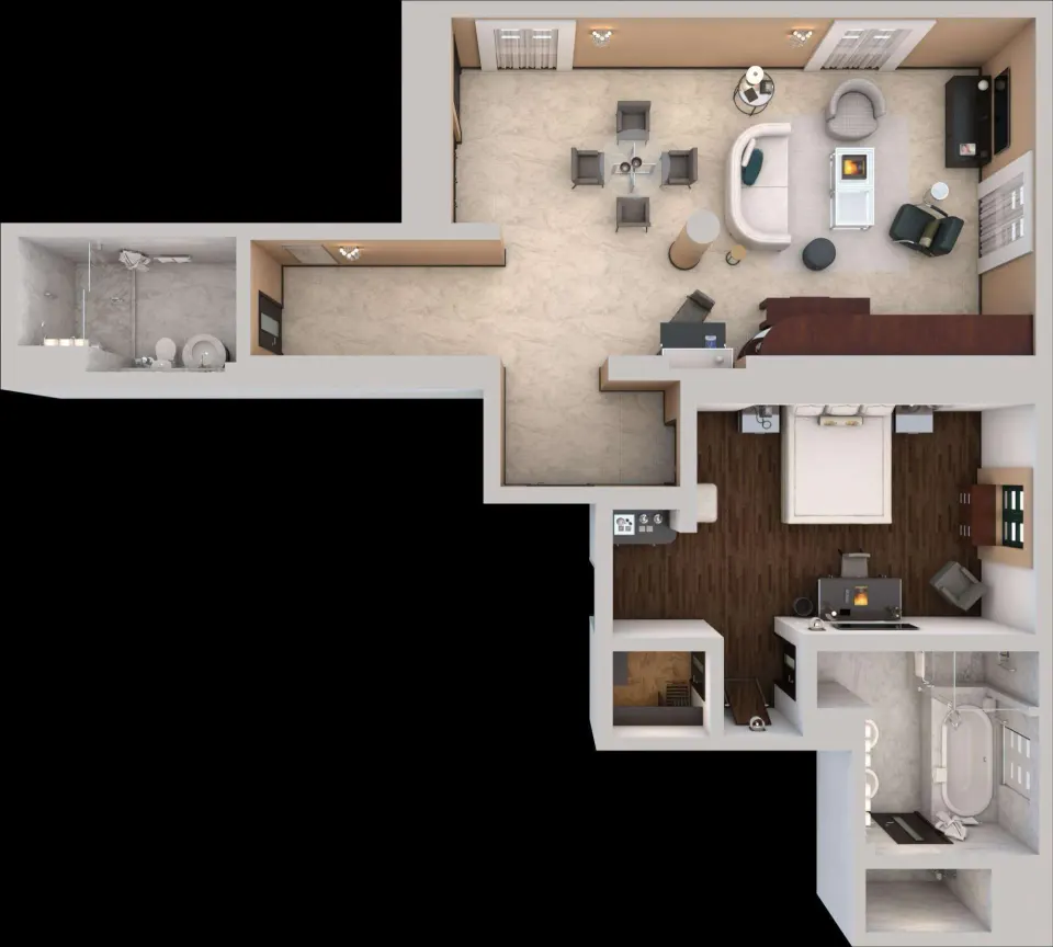Floor plan of an Oceanfront One-Bedroom Room at Condado Vanderbilt Hotel with bedroom, living room, and baths.