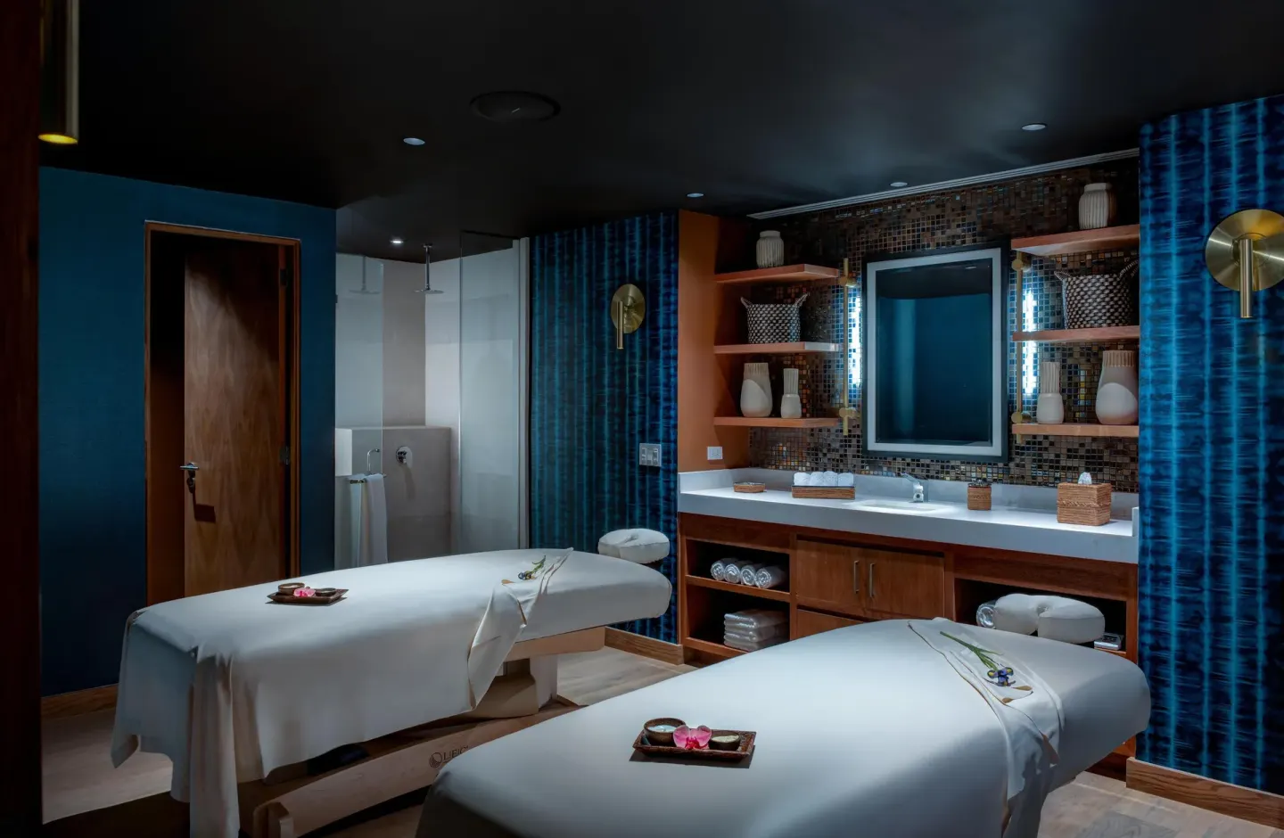 Spa treatment room with two massage tables at Conrad Punta de Mita.